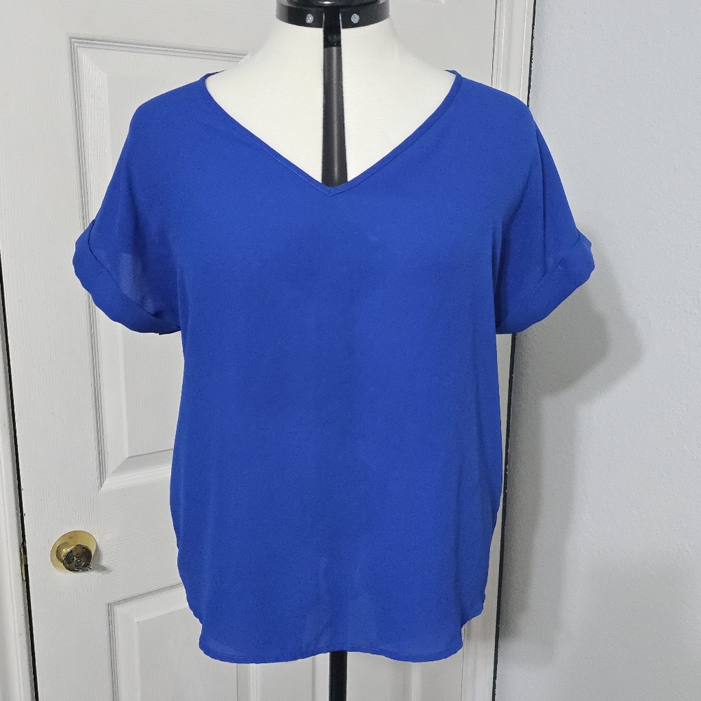 Royal Blue Chiffon Blouse Size Large V-Neck Relaxed Fit Officewear Basic